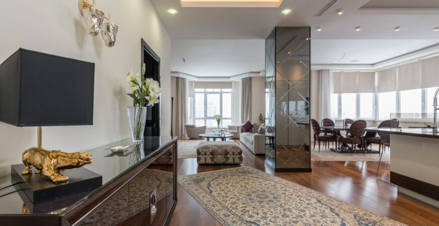 Elegant apartment interior with a living space and natural light