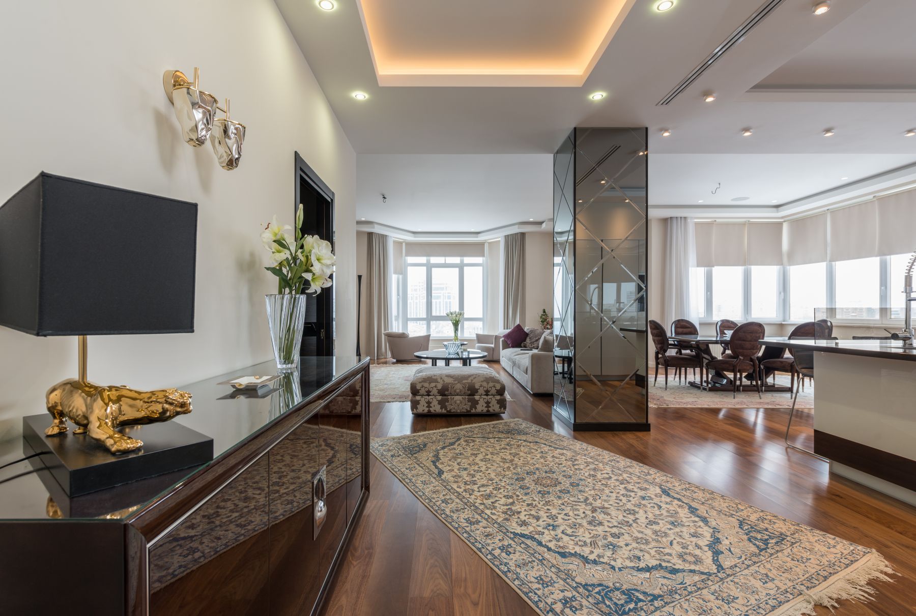Elegant apartment interior with a living space and natural light