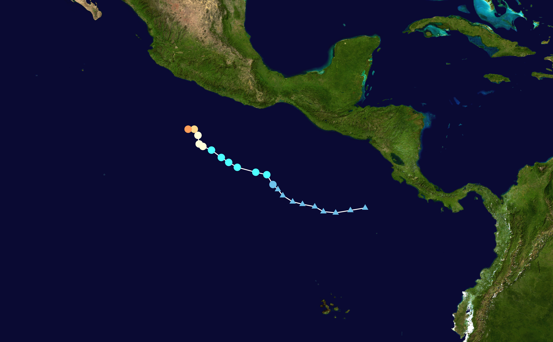 Track map of Hurricane Trudy approaching the Pacific coast of Mexico