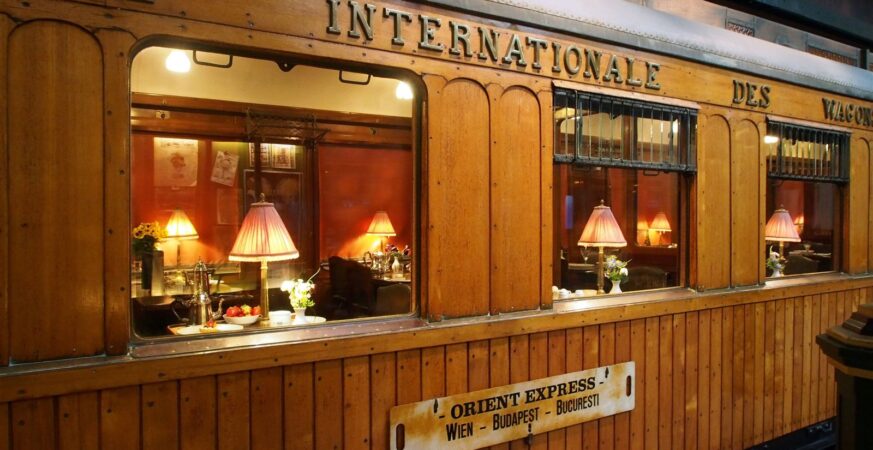 Historic Orient Express dining car displayed at Utrecht’s railway museum; 24 April 2024.