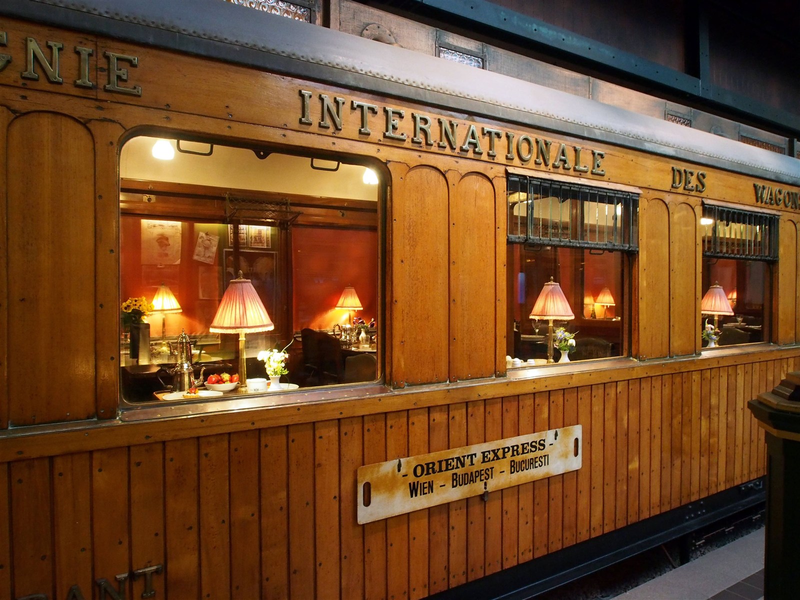 Historic Orient Express dining car displayed at Utrecht’s railway museum; 24 April 2024.
