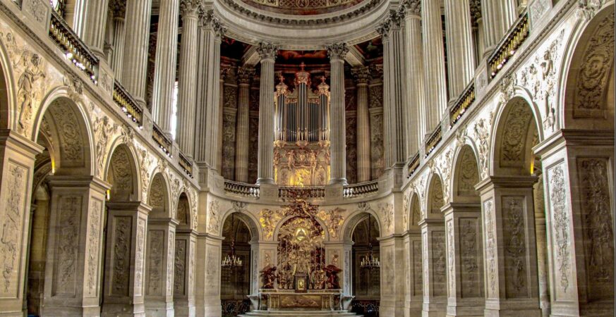 The ornate interior of the Royal Chapel at Versailles.