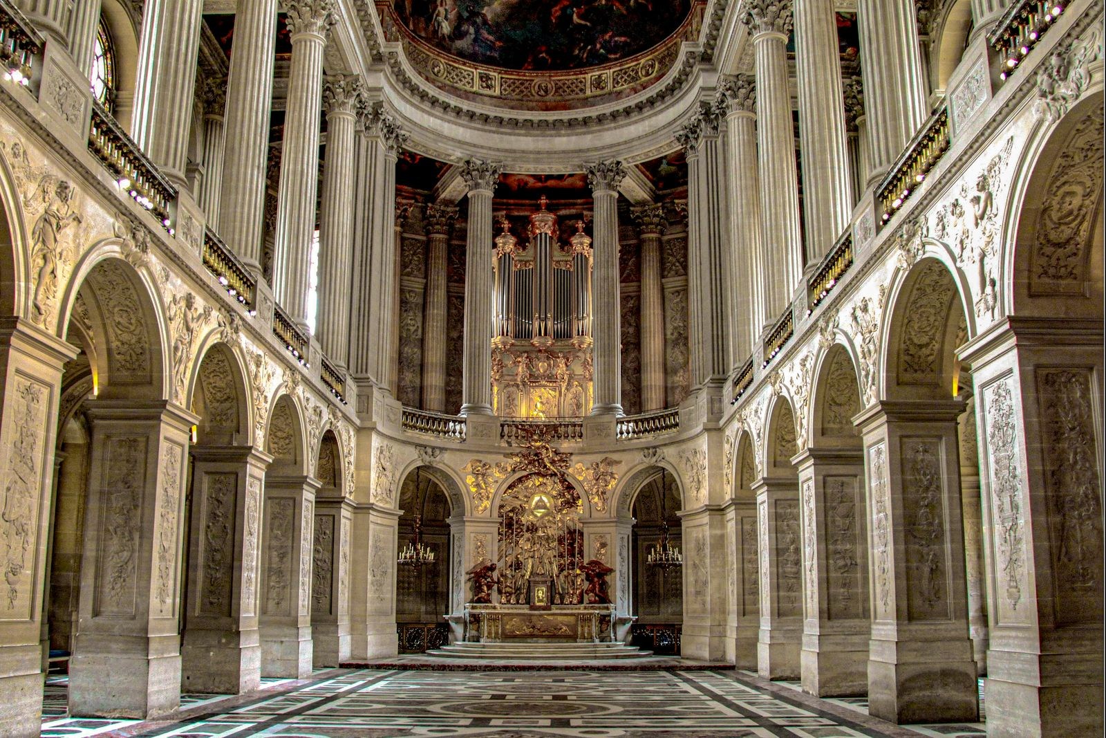 The ornate interior of the Royal Chapel at Versailles.