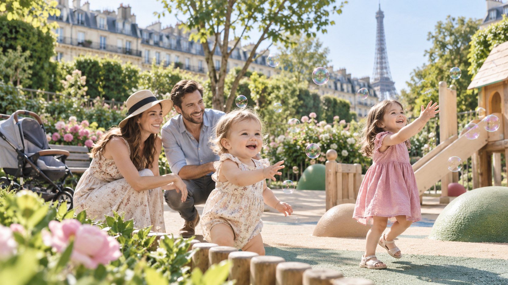 Une famille avec deux enfants et une poussette dans un jardin parisien