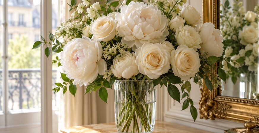 Maison Delano Paris guide — white flowers and gilt mirror, original illustration not the hotel