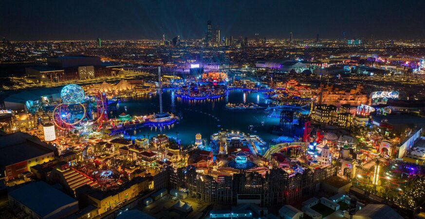 Illuminated lake and entertainment zones at Boulevard World in Riyadh at night