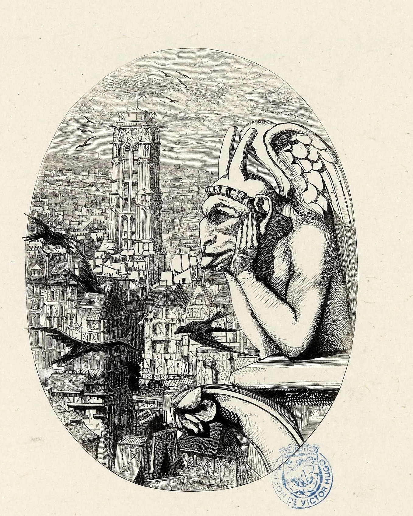 Gravure de Fortuné Méaulle vers 1877 montrant Le Stryge, chimère assise de Notre-Dame, dominant Paris
