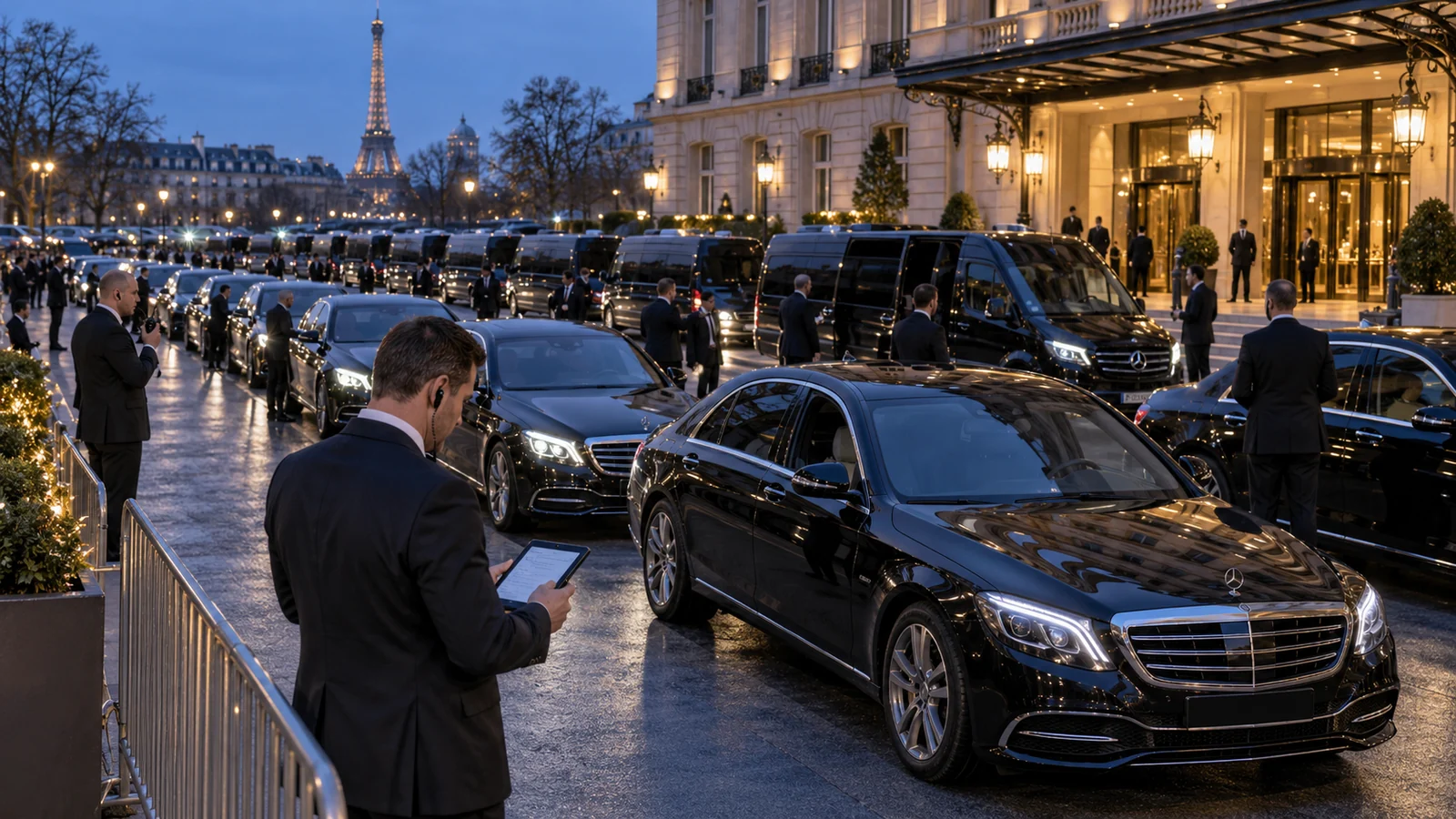 Grande flotte de voitures privées préparée pour une délégation officielle à Paris