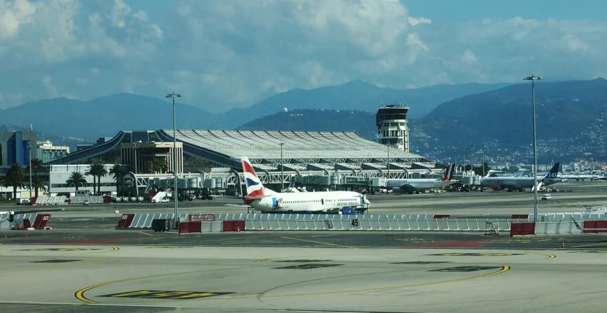 Terminal 1 at Nice Côte d'Azur Airport with the Alps in the background
