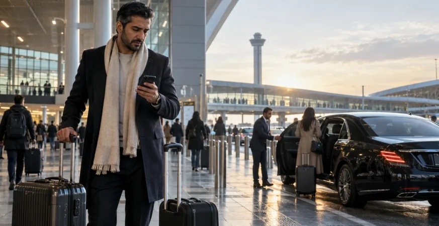 Traveller at a Paris airport checking a private chauffeur booking while another passenger is welcomed