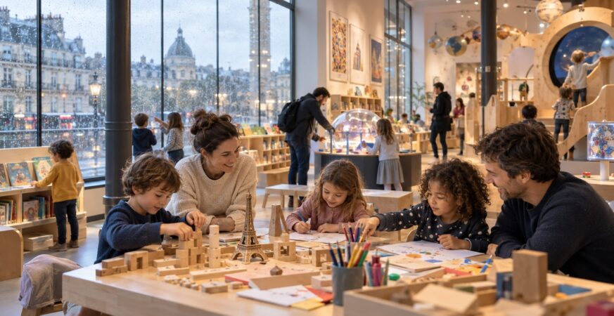 A family enjoying colourful indoor activities in Paris on a rainy day