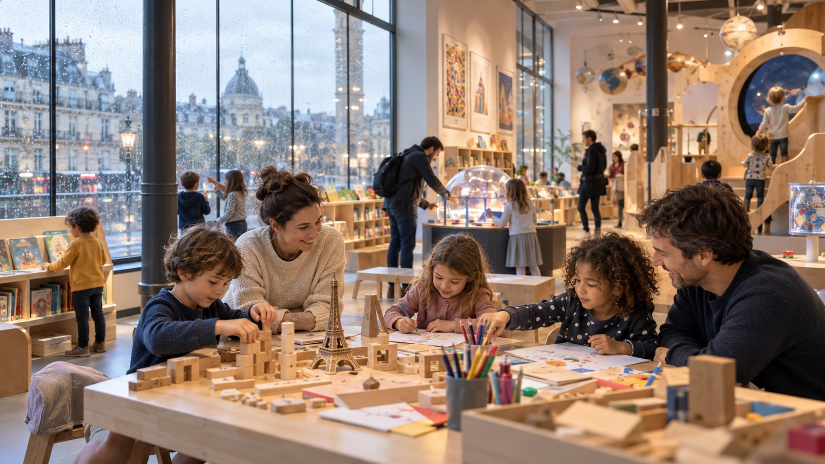 A family enjoying colourful indoor activities in Paris on a rainy day