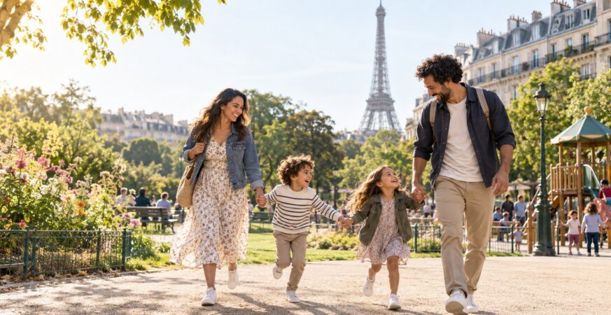A joyful family exploring Paris with children near the Eiffel Tower