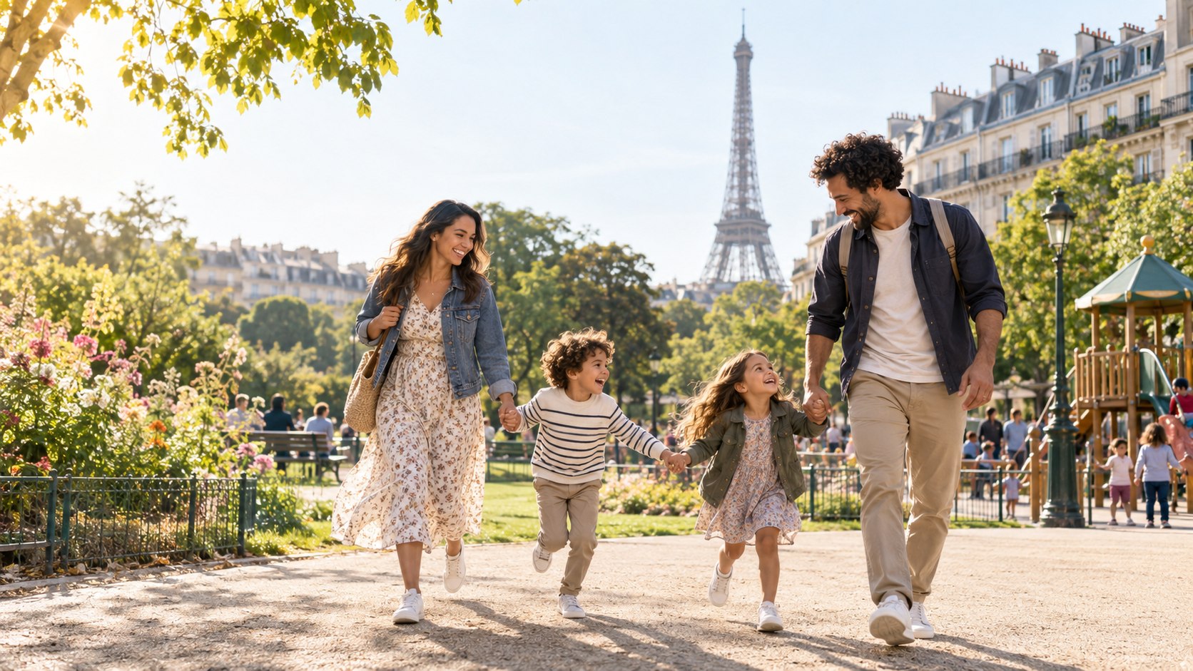 A joyful family exploring Paris with children near the Eiffel Tower