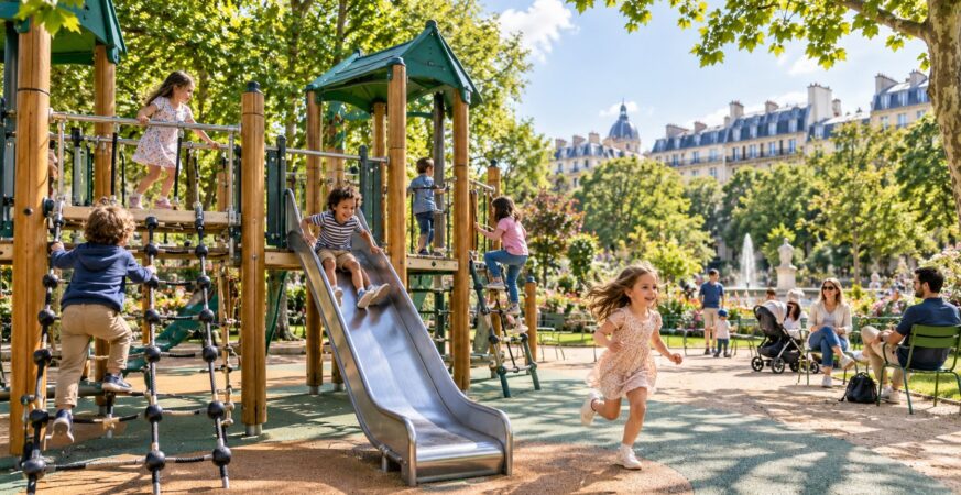 Children enjoying a bright Paris playground and green park