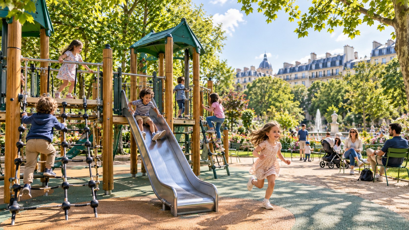 Children enjoying a bright Paris playground and green park