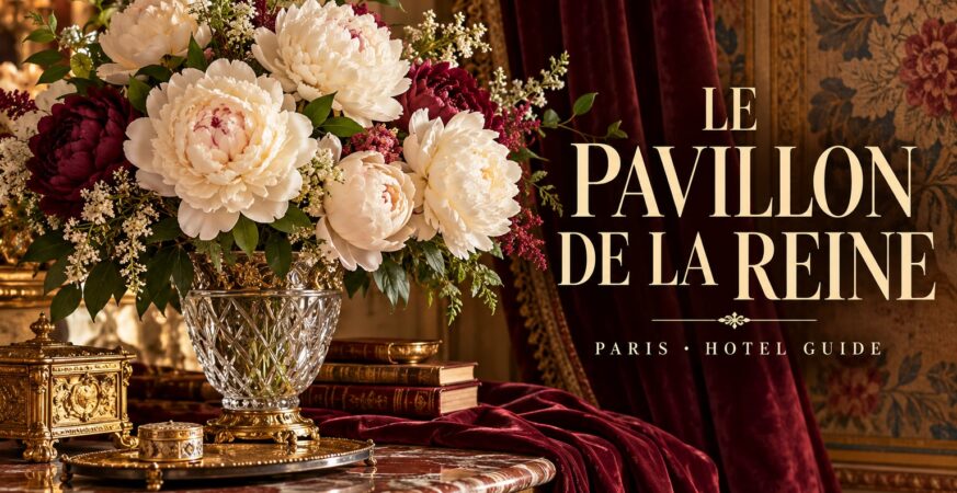 Couverture du guide Le Pavillon de la Reine & Spa à Paris — composition florale luxueuse et nom de l’hôtel