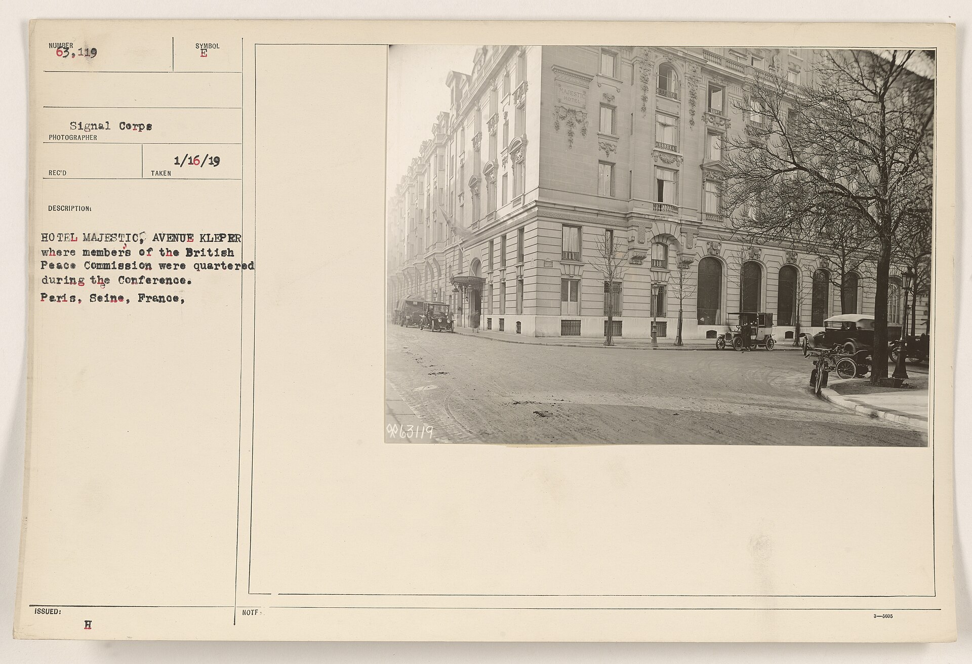Historic Hotel Majestic on Avenue Kléber during the 1919 Paris Peace Conference
