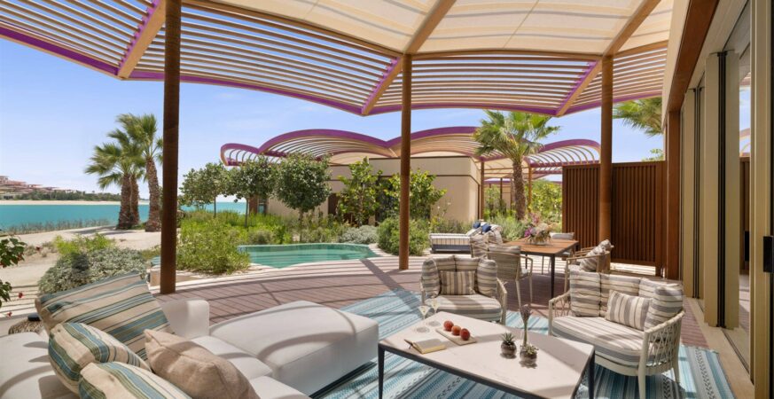 Raffles The Red Sea furnished villa terrace beside a private pool and the sea