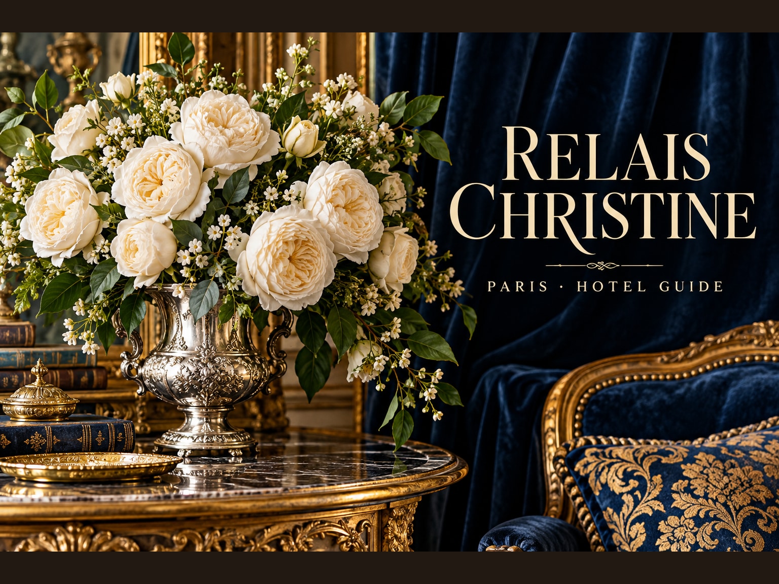 Couverture du guide Relais Christine à Paris — composition florale luxueuse et nom de l’hôtel