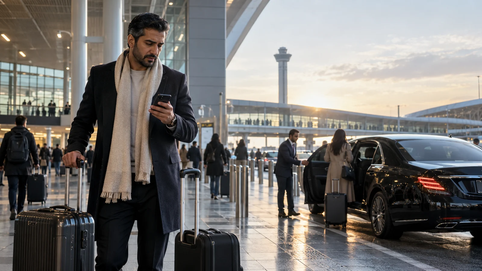 Voyageur à un aéroport parisien vérifiant sa réservation de chauffeur privé