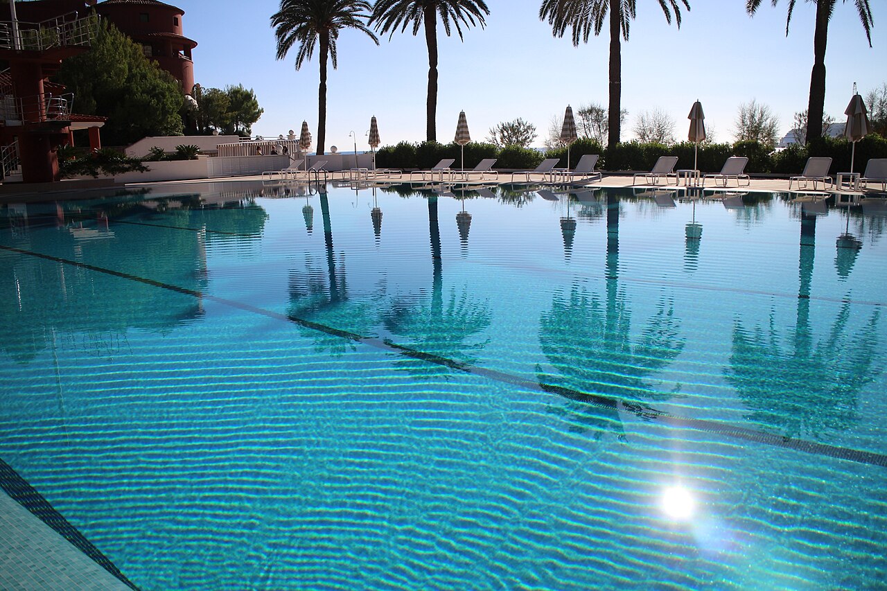 Piscine olympique d’eau de mer et palmiers au Monte-Carlo Beach