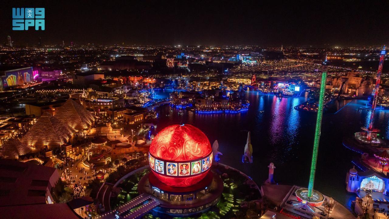 Aerial night view of a brightly lit Riyadh Season entertainment zone