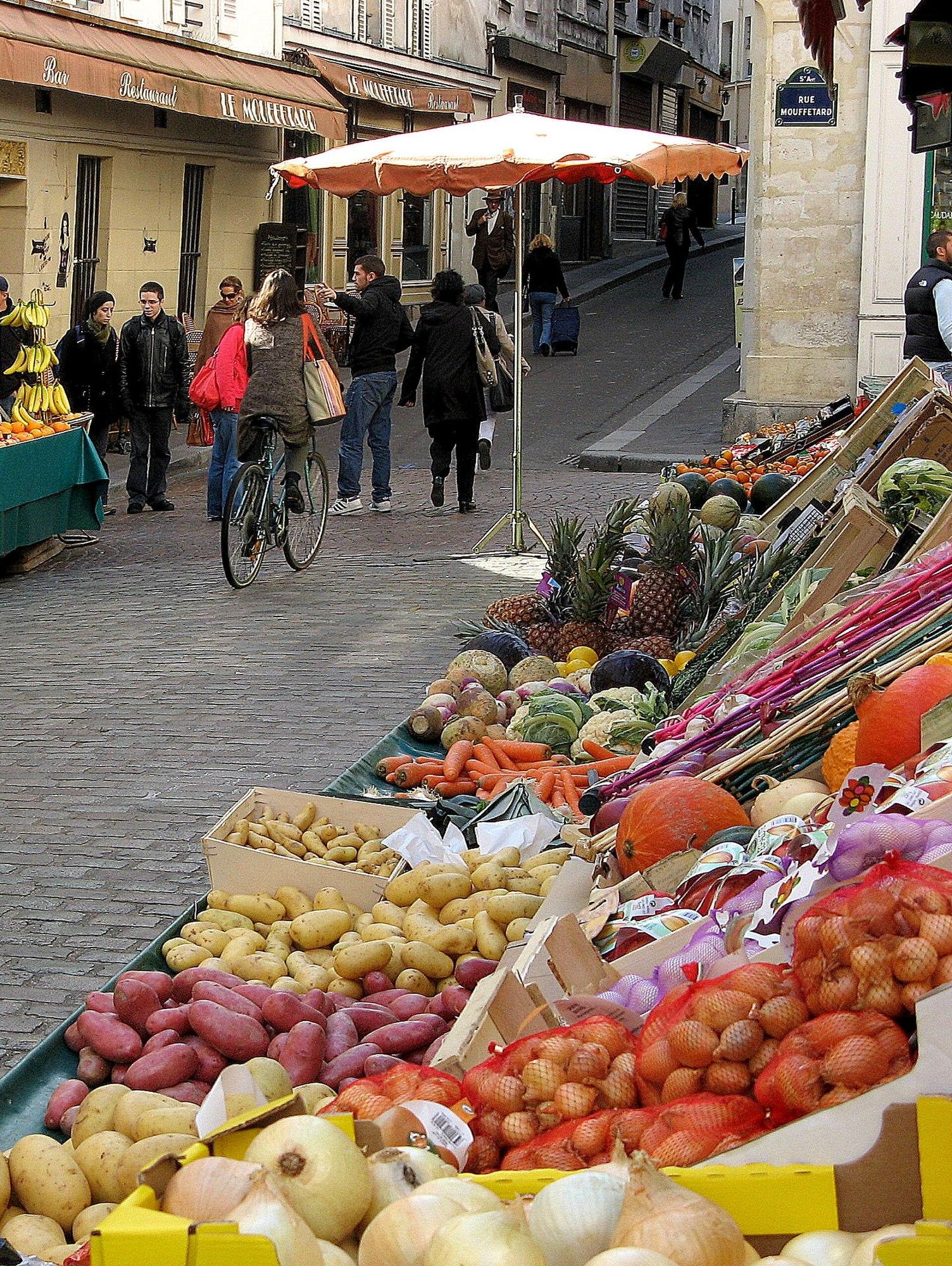 Fresh vegetables displayed at Rue Mouffetard market in Paris