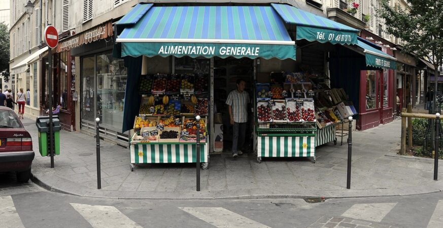 A real neighbourhood grocery at the corner of Rue Pavee and Rue des Rosiers in Paris