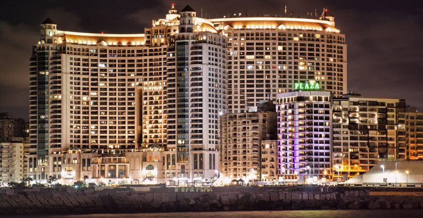 San Stefano Grand Plaza illuminated at night in Alexandria — archive photograph, 2016