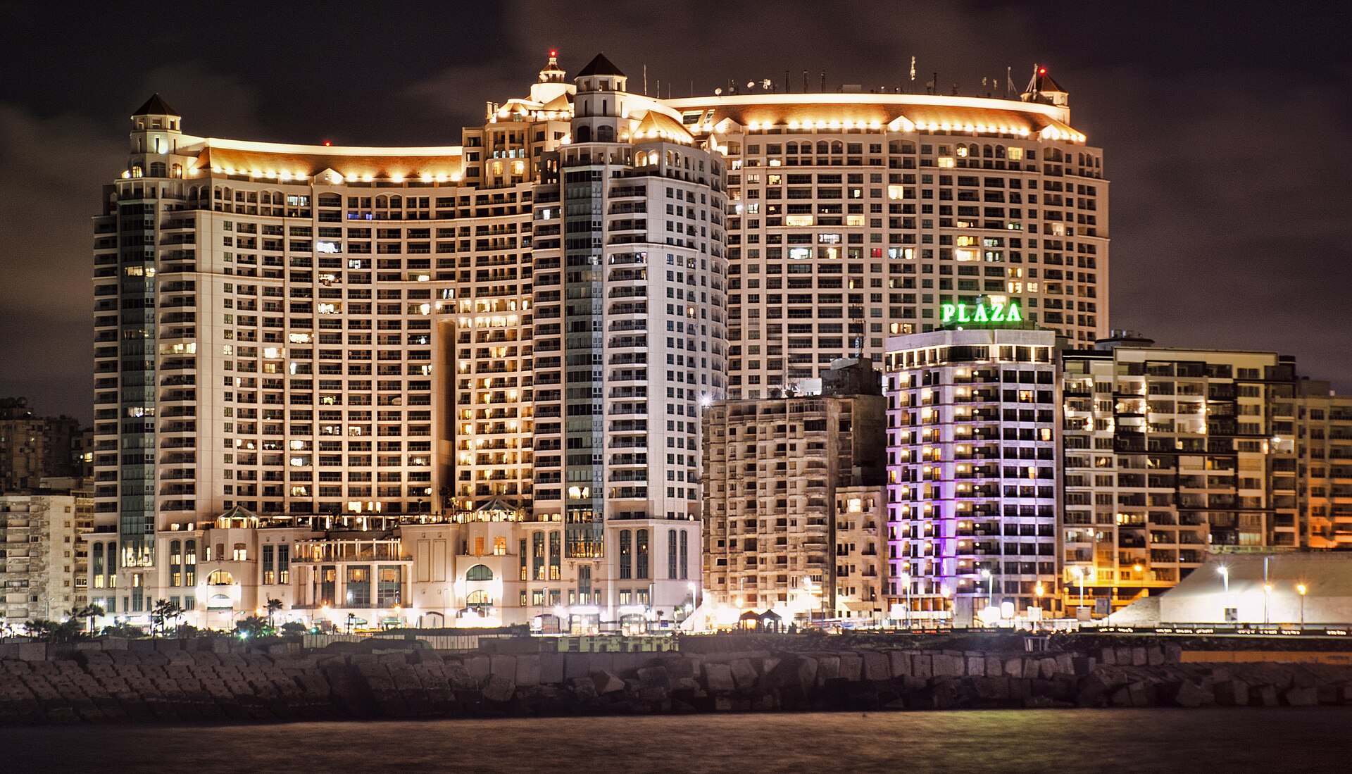 San Stefano Grand Plaza illuminated at night in Alexandria — archive photograph, 2016