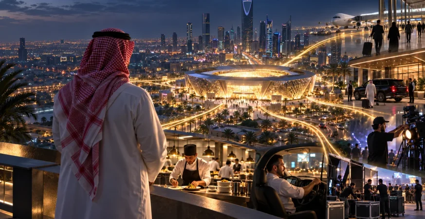 Editorial concept linking a global Riyadh event with aviation, hotels, restaurants, production and jobs