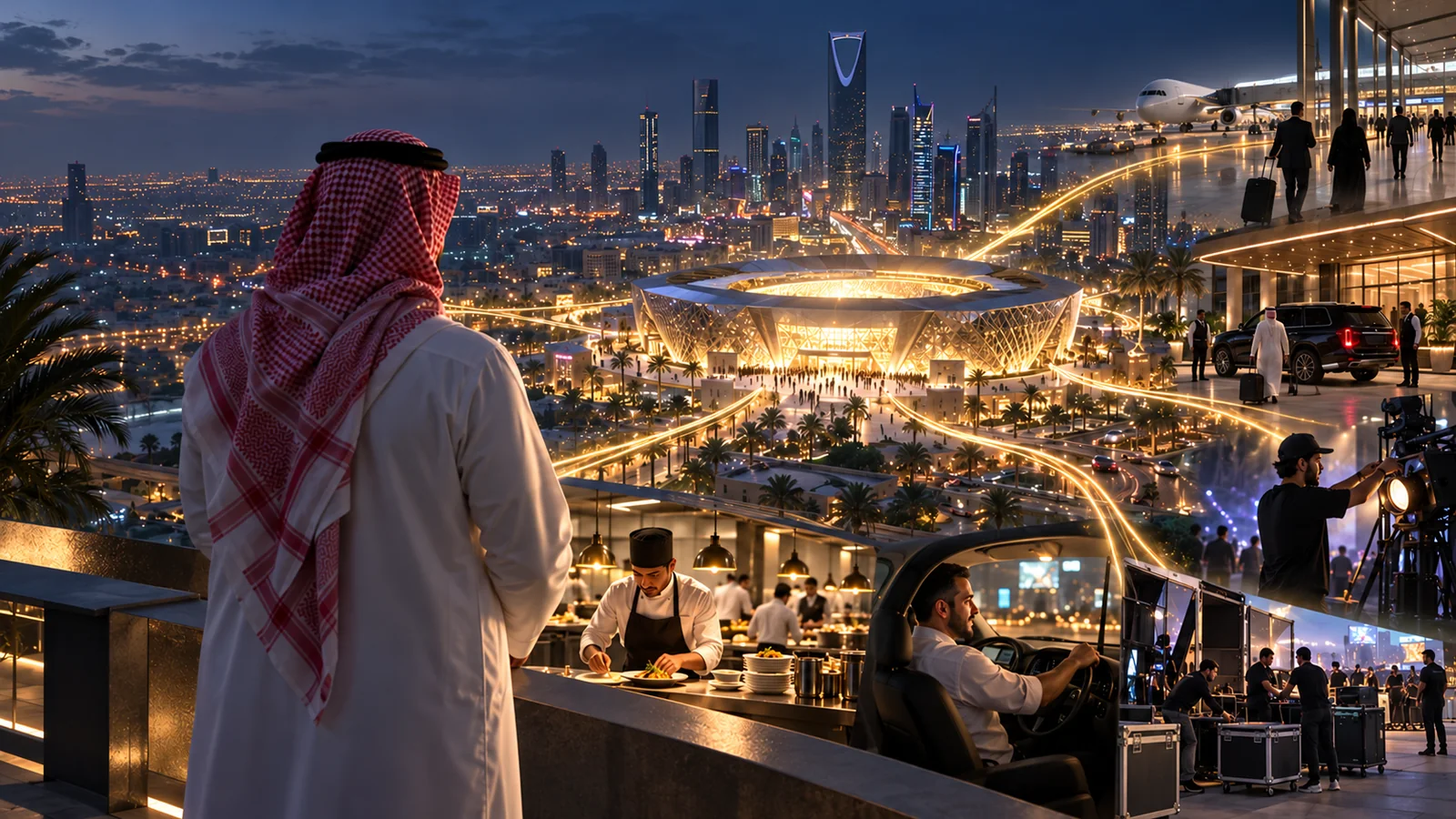 Concept éditorial reliant un événement mondial à Riyad à l’aviation, aux hôtels, aux restaurants, à la production et aux emplois
