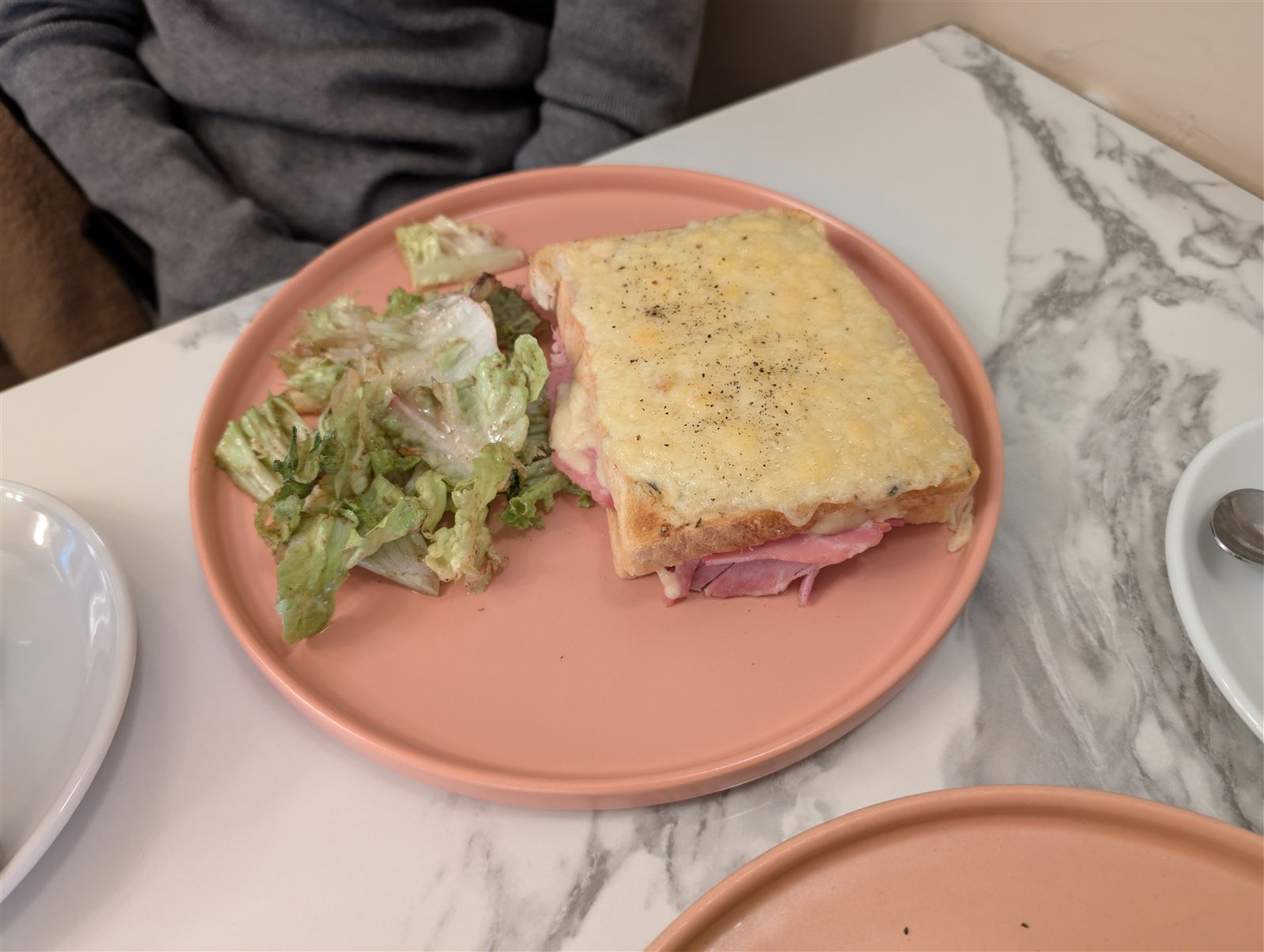 French croque-monsieur with cheese and salad